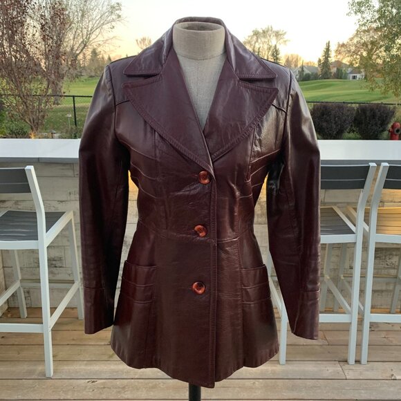 Vintage 70s Sears Burgundy Leather Quilt Lined Belted Blazer Jacket Trench Coat - Picture 8 of 16
